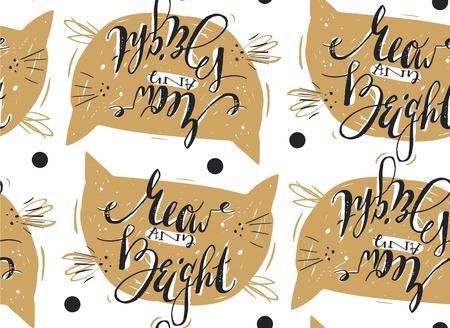 Hand drawn vector abstract Merry Christmas greeting card template with cute modern calligraphy phase Meow and bright.Christmas poster,sign,label,banner,tag,postcard,decoration designのイラスト素材