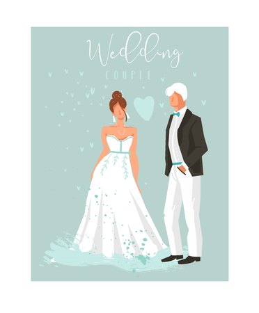 Hand drawn vector abstract cartoon wedding couple illustrations collection element set isolated on blue background.のイラスト素材