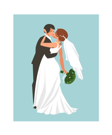 Hand drawn vector abstract wedding hugging and kissing couple illustration isolated on blue background.のイラスト素材