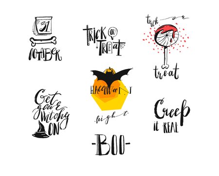 Hand drawn vector abstract handwritten modern calligraphy Halloween quotes,signs,logo,icons,illustrations,elements collection set isolated on white backgroundのイラスト素材