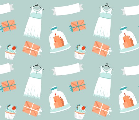 Hand drawn vector cartoon rustic sketched wedding elements seamless pattern decoration isolated on blue background.のイラスト素材