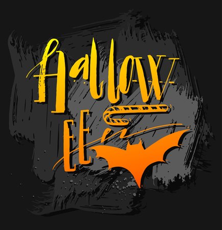 Hand drawn vector Halloween Poster with handwritten modern lettering word Halloween,bat and candy in orange colors.Design element for halloween party or sign isolated on black chalkboard background.のイラスト素材