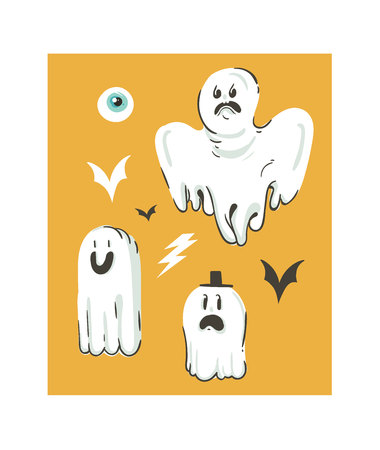 Hand drawn vector abstract cartoon Happy Halloween illustrations collection set with different funny ghosts decoration.のイラスト素材