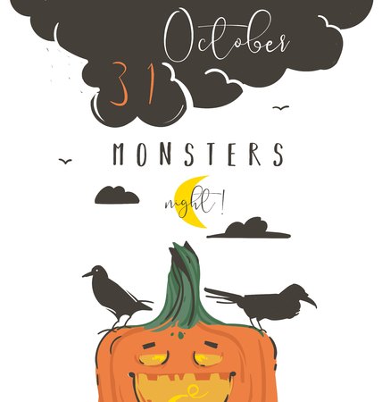 Hand drawn vector abstract cartoon Happy Halloween illustration poster with ravens,pumpkin,moon and modern calligraphy phase 31 october monsters night isolated on white background.のイラスト素材