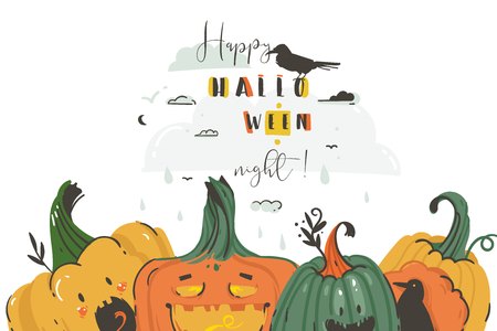 Hand drawn vector abstract cartoon Happy Halloween illustrations party posters and collection cards set with ravens,pumpkins and modern calligraphy Happy Halloween Night isolated on white backgroundのイラスト素材