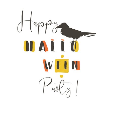 Hand drawn vector abstract cartoon Happy Halloween illustrations party design elements with raven and modern calligraphy quote Happy Halloween Party isolated on white background.のイラスト素材