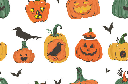 Hand drawn vector abstract cartoon Happy Halloween illustrations seamless pattern with pumpkins emoji horned lanterns monsters,bats and ravens isolated on white background.のイラスト素材