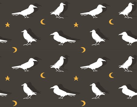 Hand drawn vector abstract cartoon Happy Halloween illustration seamless pattern with ravens and crowns isolated on black backgroundのイラスト素材