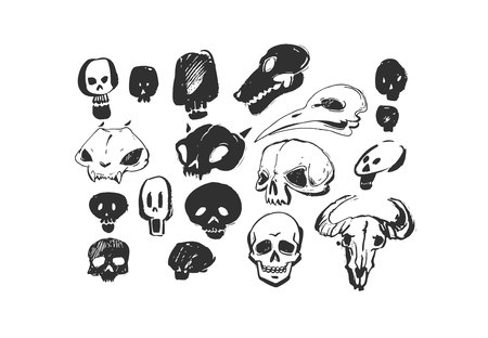 Hand drawn vector abstract artistic freehand textured ink Halloween design elements animals and human skulls collection set isolated on white background.のイラスト素材