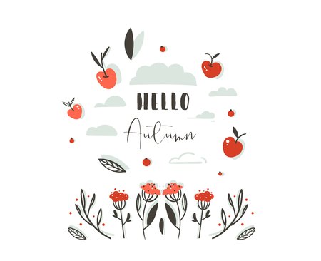 Hand drawn vector abstract greeting cartoon autumn graphic decoration header with set of berries,leaves,branches,apple harvest and modern typography phase Hello Autumn isolated on white backgroundのイラスト素材