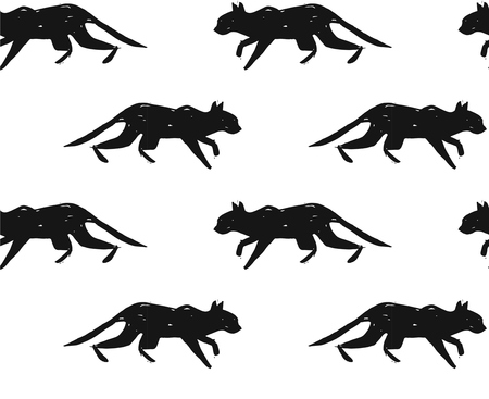 Hand made scandinavian nordic black and white pattern with silhouette of black cat isolated on white background.Simple animal fabric pattern.Domestic animal motif.のイラスト素材