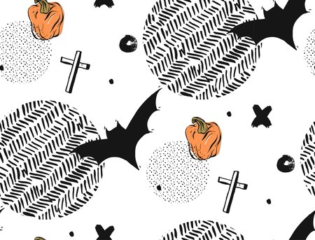 Hand drawn Seamless Halloween vector abstract textured pattern with bats,crosses and pampkins.Isolated on white background with round polka dot and zig zag textures.のイラスト素材