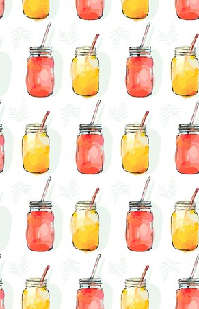 Hand drawn vector abstract summer time organic fresh fruits seamless pattern with lemonade detox cocktails in glass bottle jar in rose pink colors isolated on white background.のイラスト素材