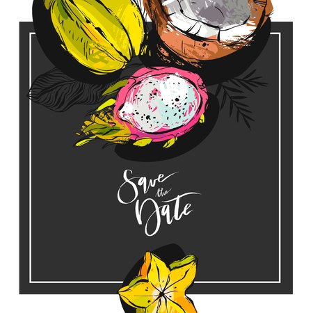 Hand drawn tropic vector abstract Save the date card template with collection of exotic fruits pitaya,carambola and coconut in bright colors isolated on black background.のイラスト素材
