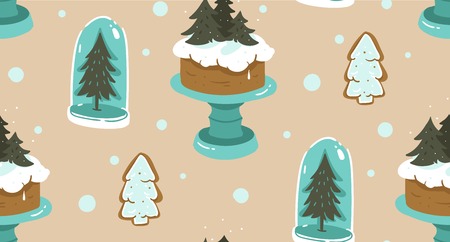 Hand drawn vector abstract cartoon Christmas seamless pattern with scandinavian home decorations elements glass bulb,holiday cake on stand and gingerbread cookies isolated on craft paper background.のイラスト素材