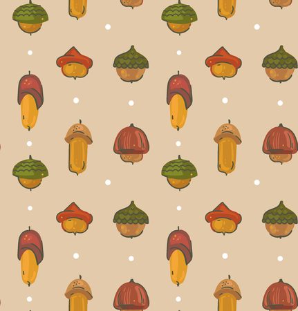 Hand drawn vector cartoon autumn seamless pattern with forest folk acorn isolated on craft background.のイラスト素材