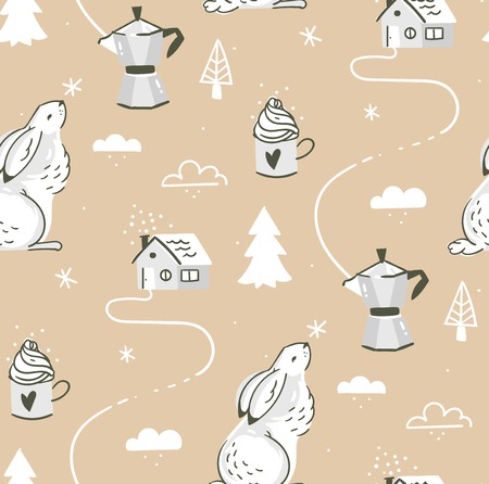 Hand drawn vector abstract cartoon scandinavian Christmas outdoor landscape seamless pattern.のイラスト素材