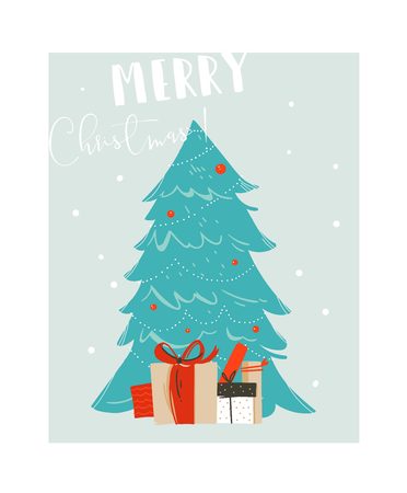 Hand drawn vector abstract fun Merry Christmas time cartoon illustration with blue Christmas tree and many surprise gift boxes isolated on blue backgroundのイラスト素材