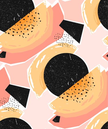 Abstract geometric seamless pattern in black, white, orange and pastel pink. Hand drawn vintage texture, lines, dots pattern and geometric elements. Modern abstract design poster, cover, card designのイラスト素材