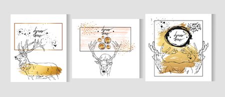 Hand drawn vector abstract graphic gold cards template set with deers isolated on white background in gold,black and white colors.Merry Christmas and Happy new Year greeting card collectionのイラスト素材