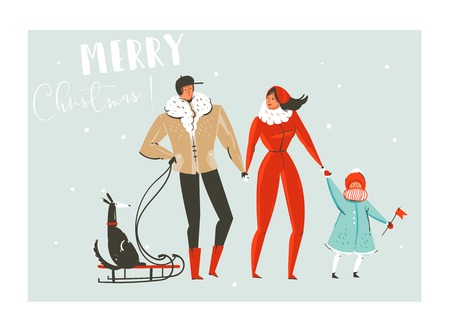 Hand drawn vector abstract fun Merry Christmas time cartoon illustration set with family walking in winter clothing and dog on sleigh isolated on blue background.のイラスト素材