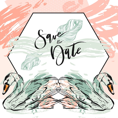 Vintage wedding invitation with swans, Save the date design  illustrationのイラスト素材