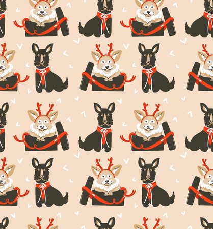 Hand drawn vector of abstract cute cartoon dogs seamless pattern in vintage Christmas gifts boxes.のイラスト素材