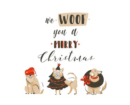 Hand drawn vector abstract fun Merry Christmas time cartoon illustrations poster with xmas dogs and modern handwritten calligraphy text We Woof you a Merry Christmas isolated on white backgroundのイラスト素材