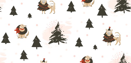 Hand drawn vector abstract fun Merry Christmas time cartoon illustration seamless pattern with many pet dogs in holidays costume and xmas trees isolated on white backgroundのイラスト素材