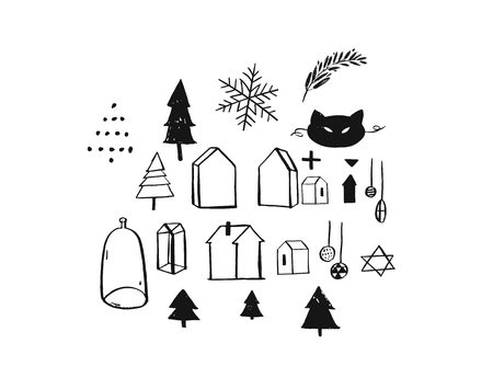Hand drawn vector Merry Christmas rough freehand graphic greeting design elements collection set with ink scandinavian icons and graphics isolated on white backgroundの写真素材