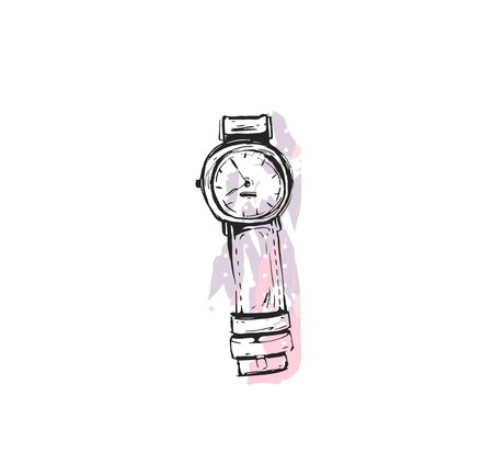 Hand drawn vector abstract texture graphic fashion chic style icon with girl accessories wrist watch in pink pastel color isolated on white backgroundのイラスト素材