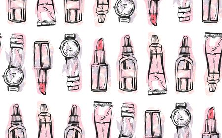 Hand drawn vector abstract textured graphic fashion chic style collection seamless pattern with girl accessories in pink pastel colors isolated on white backgroundのイラスト素材