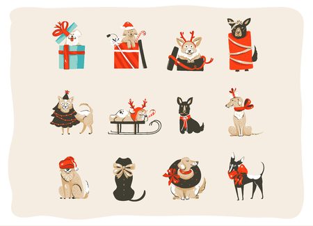 Hand drawn vector abstract fun Merry Christmas time cartoon icons illustrations collection set with mammal happy dogs in holidays xmas tree costumes isolated on white background Hand drawn vector abstract fun Merry Christmas time cartoon icons illustrations collection set with mammal happy dogs in holidays xmas tree costumes isolated on white background