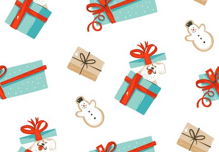 Hand drawn vector abstract fun Merry Christmas time cartoon illustration seamless pattern with pet dog in surprise gift boxes and gingerbread cookies isolated on white backgroundのイラスト素材