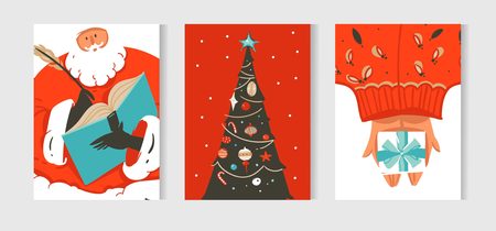 Hand drawn vector abstract fun Merry Christmas time cartoon cards collection set with cute illustrations of Santa Claus and Xmas tree isolated on white backgroundのイラスト素材