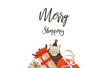 Vector Merry Christmas shopping time cartoon graphic simple greeting illustration logo design with dog,many surprise gift boxes and calligraphy Merry Shopping isolated on white backgroundのイラスト素材