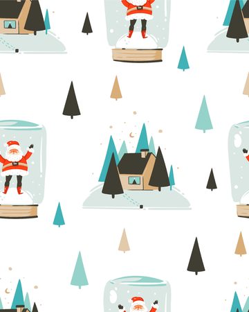 Hand drawn vector abstract fun Merry Christmas time cartoon seamless pattern with cute illustrations,Santa Claus in snow bulb and Eve outdoor with pine forest and house isolated on white backgroundの写真素材