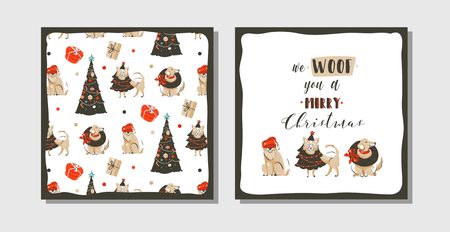Hand drawn vector abstract fun Merry Christmas time cartoon illustration cards collection set with many pet dogs in holidays costume and xmas trees isolated on white backgroundのイラスト素材