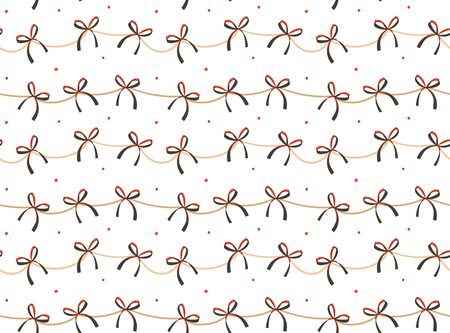 Hand drawn vector abstract fun Merry Christmas time cartoon rustic festive seamless pattern with cute illustrations of red silk bows isolated on white backgroundの写真素材
