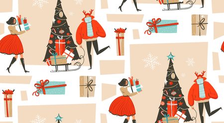 Hand drawn vector abstract fun Merry Christmas time cartoon illustration seamless pattern with group of people in winter clothing, many surprise gift boxes on sleigh and xmas tree isolated on white background.のイラスト素材