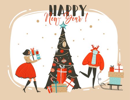 Hand drawn vector abstract fun Merry Christmas time cartoon illustration greeting card with group of people ,surprise gift boxes,Christmas tree and xmas calligraphy isolated on craft background.のイラスト素材