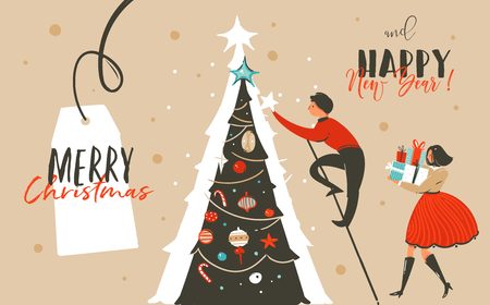 Hand drawn vector abstract fun Merry Christmas time. Cartoon illustration greeting card with family, surprise gift boxes, Christmas tree and Xmas calligraphy.のイラスト素材