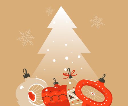 Hand drawn vector abstract Merry Christmas and Happy New Year time cartoon illustrations greeting header template with xmas tree bauble toys and place for your text isolated on ocher backgroundのイラスト素材