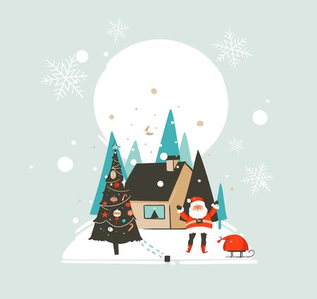Hand drawn vector abstract Merry Christmas and Happy New Year time cartoon illustrations greeting card template with outdoor landscape,house and Santa Claus isolated on white backgroundのイラスト素材