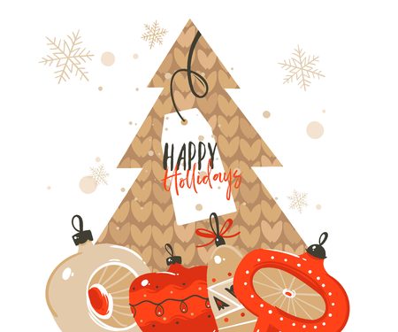 Hand drawn vector abstract Merry Christmas and Happy New Year time cartoon illustrations greeting header template with xmas tree bauble toys and typography text isolated on white backgroundのイラスト素材