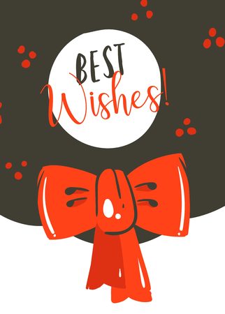 Hand drawn cartoon illustrations greeting card template with red bow isolated on white background.のイラスト素材