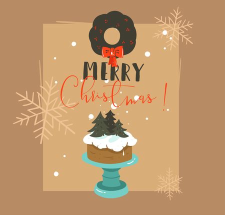 Hand drawn vector abstract Merry Christmas and Happy New Year time retro cartoon illustrations greeting card with cake stand design,mistletoe wreath and modern typography isolated on brown backgroundのイラスト素材