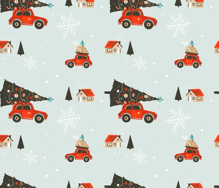 Hand drawn vector abstract Merry Christmas and Happy New Year time cartoon illustrations greeting seamless pattern with xmas tree,car,turkey plate and outdoor houses isolated on blue background.のイラスト素材