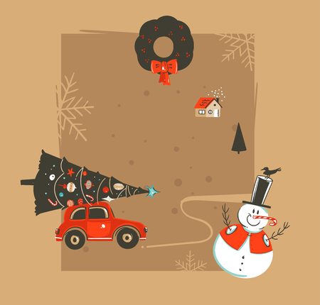 Hand drawn vintage cartoon illustrations greeting card template with car and place for your text isolated on brown background.のイラスト素材