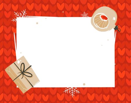 Hand drawn vector abstract Merry Christmas and Happy New Year time cartoon illustrations greeting card template tag with surprise gift boxes and place for your text isolated on white backgroundのイラスト素材
